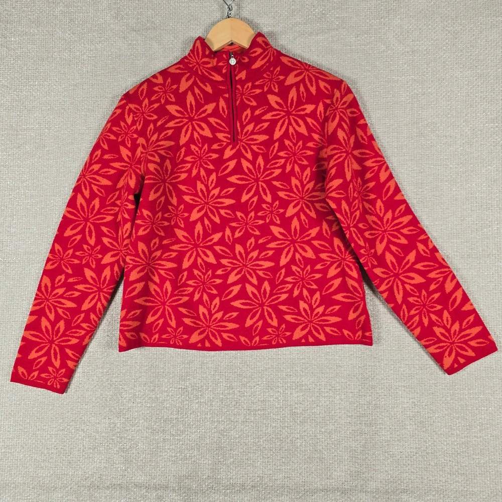 Neve Designs Womens Red Orange 100% Wool Floral Snowflake Quarter Zip Sweater M